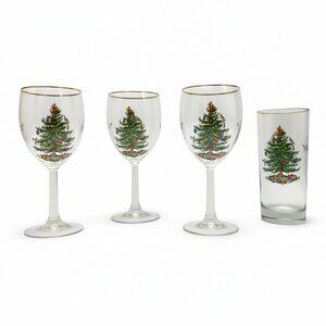 3 Crystal wine glasses 1 highball tumbler 'Christmas Tree' gold trim by Spode